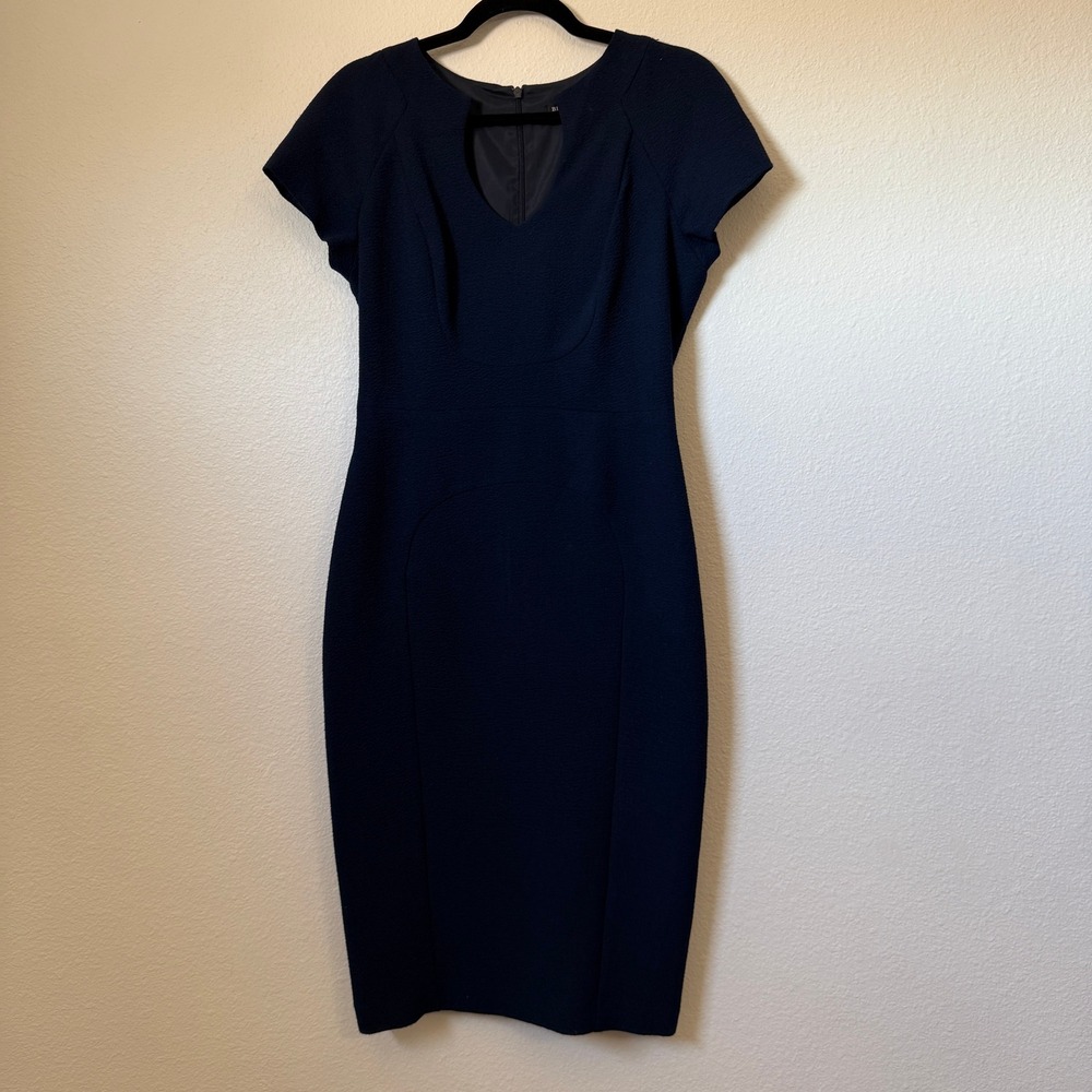 Black Halo Jackie O Sheath Dress Navy Blue Textured Crepe Size 8 2583984
